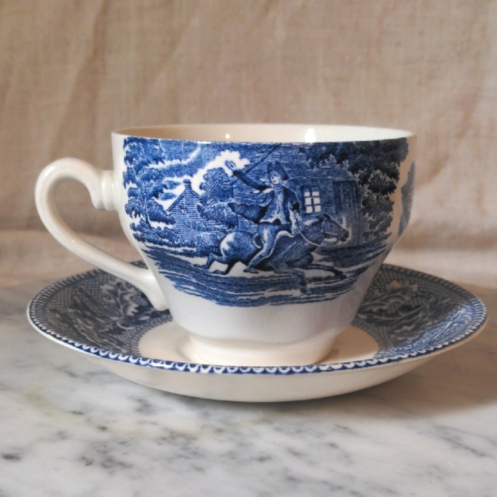 Blue And White English Transferware Teacup And Saucer